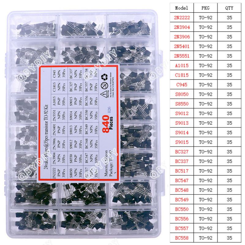 Mosfet Transistor Set - Pnpまたはnpnトランジスタアソートキット、〜-92、bc327、bc337、bc547、2n2222、3904、3906、c945、bc517、bc550、bc556、bc558、s9014,24値、840個