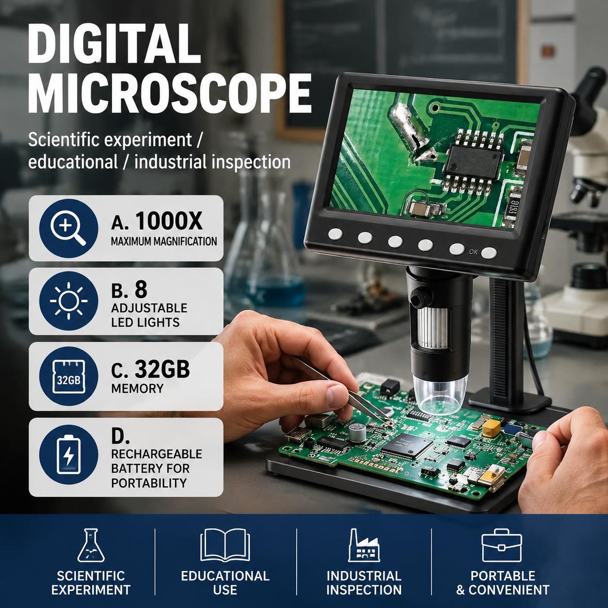 検査用顕微鏡 1000倍拡大 8 LED照明付き 32GBメ - Diy Microscope For Electronics Repair のレビューと価格
